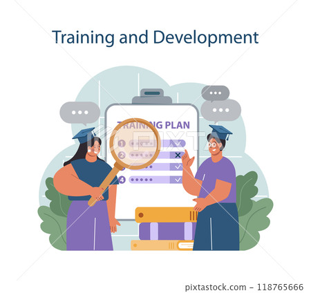 Human resources manager competency. Personnel management specialist. HR manager maintaining employee performance with training and professional development. Flat vector illustration Human resources manager competency. Personnel management specialist. HR manager maintaining employee performance with training and professional development. Flat vector illustration 118765666