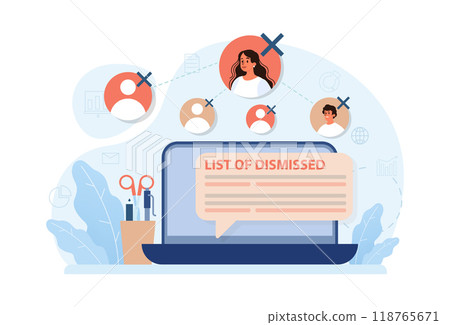 Dismissal of IT specialists. Mass layoffs of internet technolgy employee due to financial crisis. Overheated labor market. Flat vector illustration 118765671