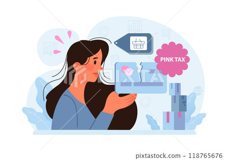 Pink tax concept. Gender based price discrimination. Higher price for products marketed for women. Unequal accounting. Flat vector illustration 118765676