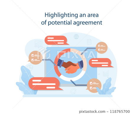 Highlight a potential agreement to conduct difficult negotiation. Business characters with opposite opinions coming up with mutual decision. Making a compromise on a meeting. Flat vector illustration 118765700