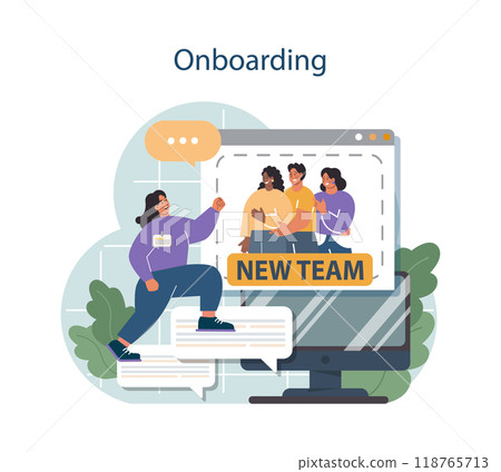 Human resources manager competency. Personnel management specialist. HR manager onboarding a new employee, maintaining warm welcome. Flat vector illustration Human resources manager competency. Personnel management specialist. HR manager onboarding a new employee, maintaining warm welcome. Flat vector illustration 118765713