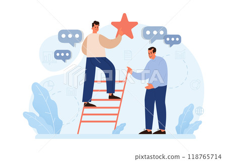 Company credibility. Brand reputation based on customer loyalty and trust. Corporate public relations strategy. Security of data. Flat vector illustration Company credibility. Brand reputation based on customer loyalty and trust. Corporate public relations strategy. Security of data. Flat vector illustration 118765714