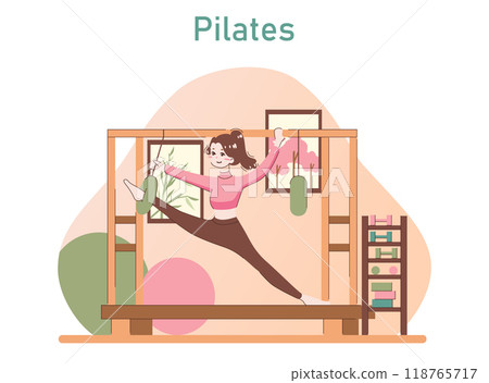 People doing sport. Athletic woman doing pilates with special equipment. Modern sport activity and fitness routine in the gym. Flat vector illustration 118765717