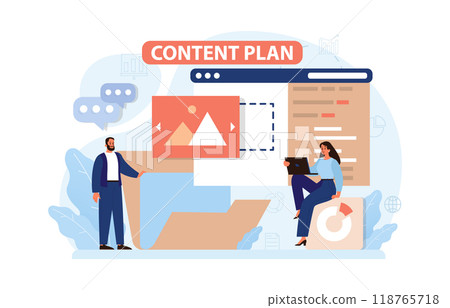 Marketing campaign. Brand or product advertising with entertaining and engaging content. Character developing and following a content plan in social media and website. Flat vector illustration 118765718