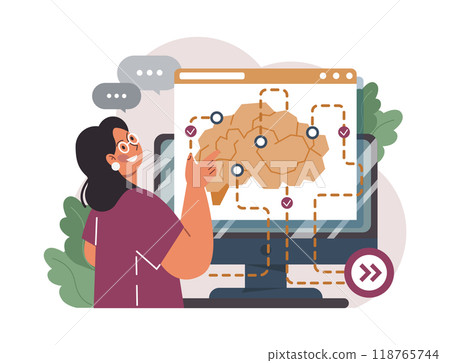 Online education. Character study remotely using internet, online services, application or website. Idea of e-learning and gaining knowledge by modern online courses. Flat vector illustration 118765744