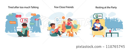 Introverted child set. Antisocial kid who prefers to spend time alone and avoid interaction with big group of people. Calm and thoughtful temperament' qualities and signs. Flat vector illustration 118765745
