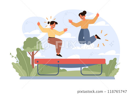 Children exploring nature on summer holidays. Active outside leisure for physical and mental health. Little girls having fun outdoors playing on the playground. Flat vector illustration Children exploring nature on summer holidays. Active outside leisure for physical and mental health. Little girls having fun outdoors playing on the playground. Flat vector illustration 118765747