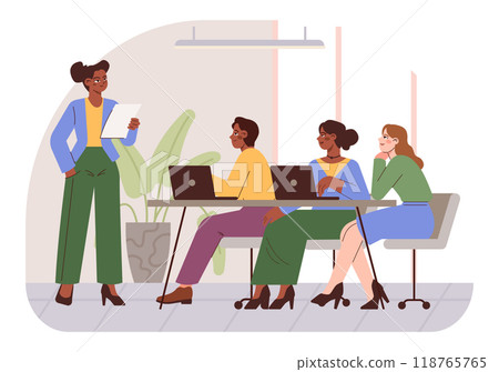 Modern office characters. Group of diverse business people chatting on the meeting or presentation. Team communication and collaboration for a brainstorming. Flat vector illustration Modern office characters. Group of diverse business people chatting on the meeting or presentation. Team communication and collaboration for a brainstorming. Flat vector illustration 118765765
