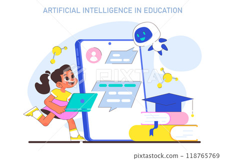 AI in children education. Little school girl gaining knowledge with help of artificial intelligence. School course study with virtual assistant. Flat Vector illustration 118765769