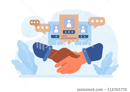 Company credibility. Brand reputation based on customer loyalty and trust. Corporate public relations strategy. Security of data. Flat vector illustration 118765770