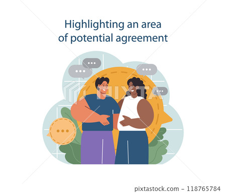 Highlight a potential agreement to conduct difficult negotiation. Business characters with opposite opinions coming up with mutual decision. Making a compromise on a meeting. Flat vector illustration 118765784