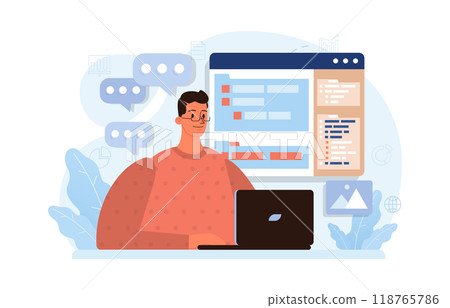 Marketing campaign. Brand or product advertising with entertaining and engaging content. Character developing and following a content plan in social media and website. Flat vector illustration 118765786