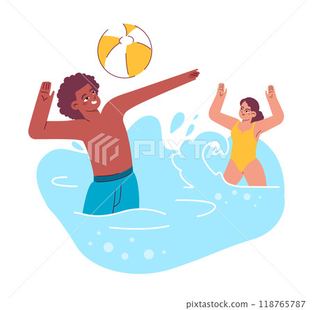 Swimming set. Diverse characters swimming in the sea. Summer holidays on the beach. People in a swimsuits having fun by the water. Flat vector illustration Swimming set. Diverse characters swimming in the sea. Summer holidays on the beach. People in a swimsuits having fun by the water. Flat vector illustration 118765787