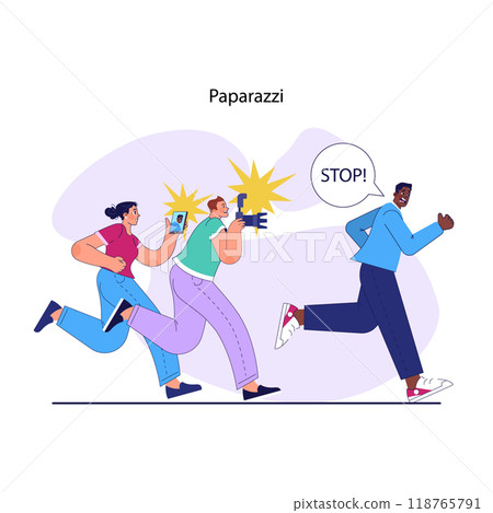Celebrity routine. Movie or music star, famous person run from paparazzi. Photographers chasing well-known male artist taking pictures. Flat vector illustration 118765791