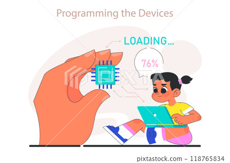 Little girl do programming. Computer science, AI, game technologies and robotics for kids. Web, apps and software development practice. Flat vector illustration Little girl do programming. Computer science, AI, game technologies and robotics for kids. Web, apps and software development practice. Flat vector illustration 118765834