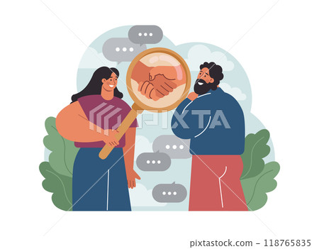 Company credibility. Brand reputation based on customer loyalty and trust. Corporate public relations strategy. Security of data. Flat vector illustration Company credibility. Brand reputation based on customer loyalty and trust. Corporate public relations strategy. Security of data. Flat vector illustration 118765835