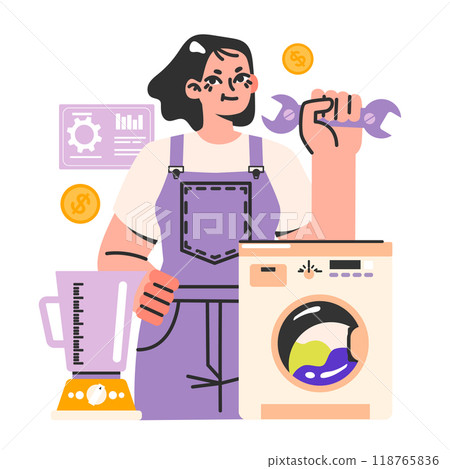 Female home master. House appliances maintenance and repair service worker. Woman fixing broken electrical equipment. Flat vector illustration Female home master. House appliances maintenance and repair service worker. Woman fixing broken electrical equipment. Flat vector illustration 118765836