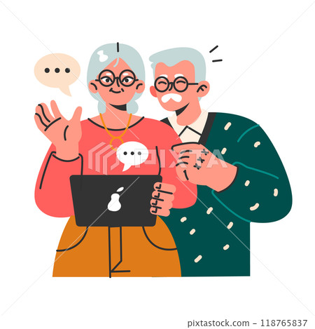 Modern old characters using internet and computer. Seniors confidently using a digital device for communication by video calls. Social networking for retired people. Flat vector illustration 118765837