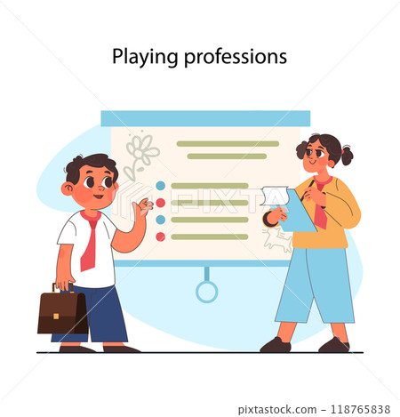 Career guidance for children. Playing professions helping kids to define a future profession. Children education path for potential career. Flat vector illustration Career guidance for children. Playing professions helping kids to define a future profession. Children education path for potential career. Flat vector illustration 118765838