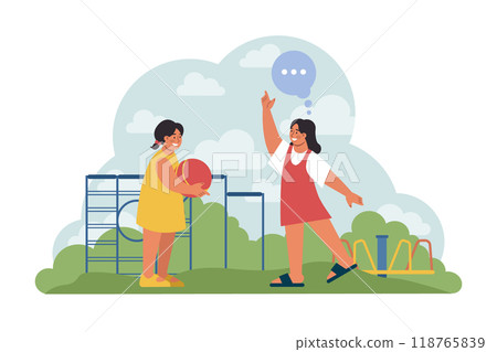 Children exploring nature on summer holidays. Active outside leisure for physical and mental health. Little girls having fun outdoors playing on the playground. Flat vector illustration Children exploring nature on summer holidays. Active outside leisure for physical and mental health. Little girls having fun outdoors playing on the playground. Flat vector illustration 118765839