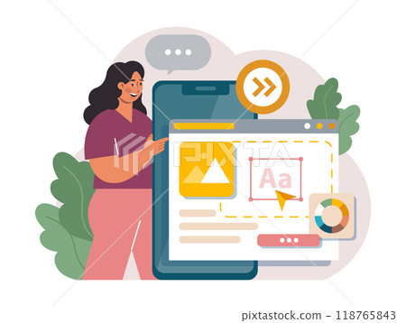 Marketing campaign. Brand or product advertising with entertaining and engaging content. Character developing and following a content plan in social media and website. Flat vector illustration 118765843