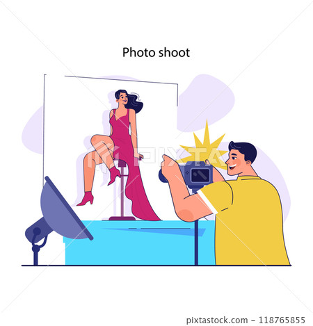 Celebrity routine. Movie or music star, famous person photoshoot. Photographer taking pictures of well-known female artist. Flat vector illustration Celebrity routine. Movie or music star, famous person photoshoot. Photographer taking pictures of well-known female artist. Flat vector illustration 118765855