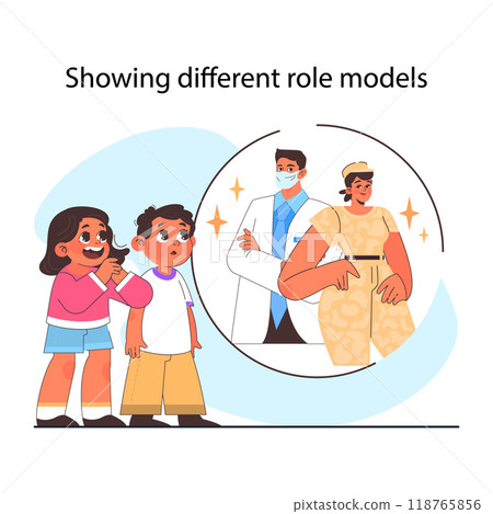 Modern gender neutral parenting. Positive advice for parents to raise a girl and boy equally by different role models. Little children nurturing without gender-focused stereotype. Flat vector Modern gender neutral parenting. Positive advice for parents to raise a girl and boy equally by different role models. Little children nurturing without gender-focused stereotype. Flat vector 118765856