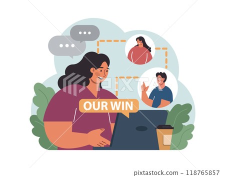 Group of people celebrating an overall victory. Teamwork or friends achievement. Happy characters together, corporate success. Flat vector illustration Group of people celebrating an overall victory. Teamwork or friends achievement. Happy characters together, corporate success. Flat vector illustration 118765857