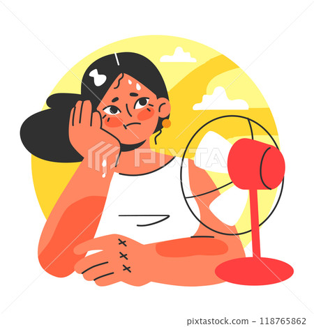Heat wave. Female character suffering from heat. Global warming and abnormal temperature. Sweaty and exhausted woman. Strong sunlight, hot summer day. Flat vector illustration Heat wave. Female character suffering from heat. Global warming and abnormal temperature. Sweaty and exhausted woman. Strong sunlight, hot summer day. Flat vector illustration 118765862