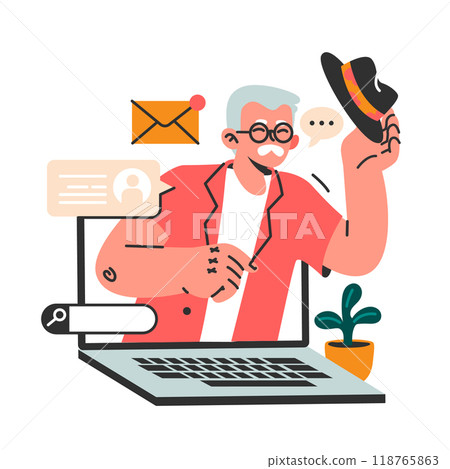 Modern old male character using internet and laptop computer. Man in senior age confidently using a laptop for communication and social networking. Flat vector illustration Modern old male character using internet and laptop computer. Man in senior age confidently using a laptop for communication and social networking. Flat vector illustration 118765863