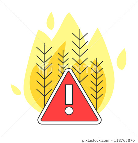 Wildfire concept. Natural disaster caused by abnormal heat wave and climate change. Dangerous flame in the woodland. Trees on fire. Flat vector illustration Wildfire concept. Natural disaster caused by abnormal heat wave and climate change. Dangerous flame in the woodland. Trees on fire. Flat vector illustration 118765870