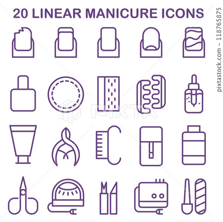 Various manicure and pedicure linear icons set. Professional equipment and tools for nail care and design. Scissors, file, polish, hand cream, polish remover, brush etc. Flat vector illustration Various manicure and pedicure linear icons set. Professional equipment and tools for nail care and design. Scissors, file, polish, hand cream, polish remover, brush etc. Flat vector illustration 118765875