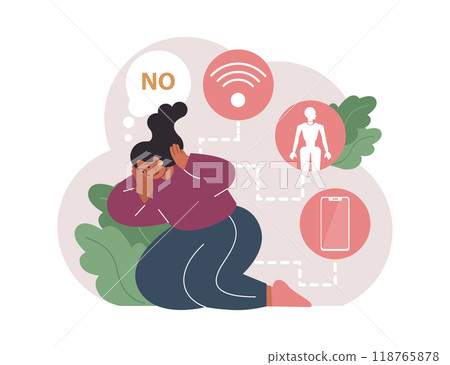 Reactionary or retrograde. Neoconservatism movement. Traditional views and denying of progress, innovation and development. Status quo character is afraid of the changes. Flat vector illustration 118765878