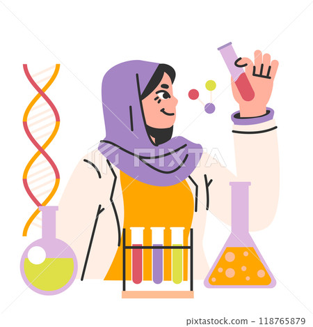 Female scientist. Woman in a scarf or hijab with a test tube. Chemistry or biology research and experimentation. Women in STEM professions. Flat vector illustration Female scientist. Woman in a scarf or hijab with a test tube. Chemistry or biology research and experimentation. Women in STEM professions. Flat vector illustration 118765879