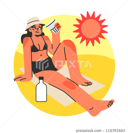Girl drinking water at beach. Young female character wearing a bikini and staying well hydrated in the summer heat. Flat vector illustration 118765883