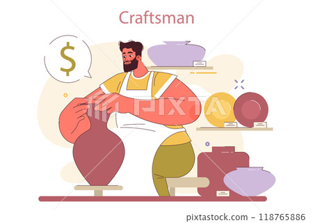 Small pottery business. Starting and developing a local start-up. Potter master creating ceramics and clay pots. Independent craftsman in apron selling hand-made dishes. Flat Vector Illustration Small pottery business. Starting and developing a local start-up. Potter master creating ceramics and clay pots. Independent craftsman in apron selling hand-made dishes. Flat Vector Illustration 118765886