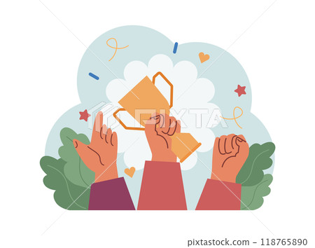 Group of people celebrating an overall victory. Teamwork or friends achievement. Happy characters together, corporate success. Flat vector illustration Group of people celebrating an overall victory. Teamwork or friends achievement. Happy characters together, corporate success. Flat vector illustration 118765890