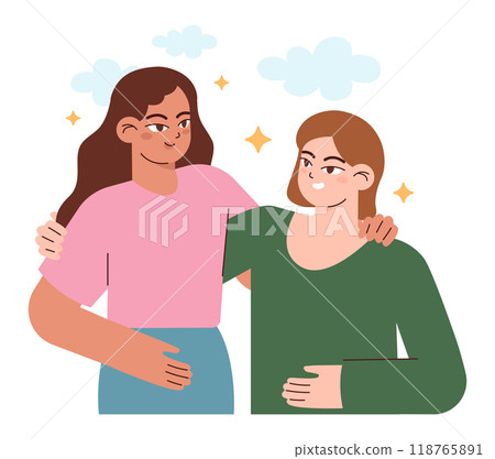 Friends support. Friendship mental support and comfort. Group of friends hug and care for each other. Empathy and love idea. Flat vector illustration Friends support. Friendship mental support and comfort. Group of friends hug and care for each other. Empathy and love idea. Flat vector illustration 118765891