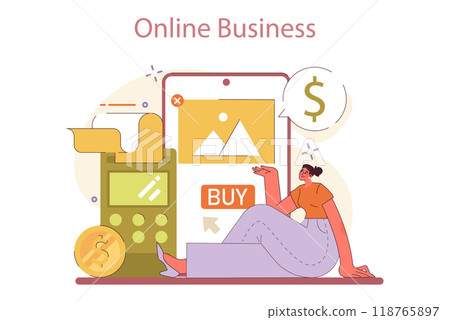 Small business online. Female character starting and developing a local store on a ecommerce platform. Internet marketing, social media promotion of independent enterpreneur. Flat vector illustration 118765897
