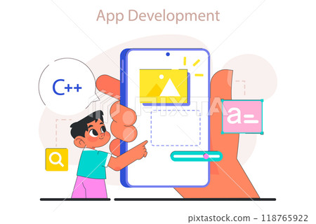 Little boy do programming. Computer science and application development for kids. Children learning app building and coding. Flat vector illustration 118765922