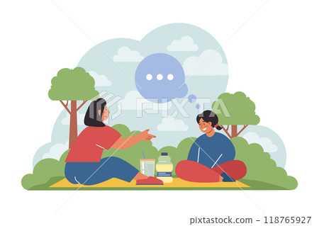 Children enjoying nature on summer holidays with parent. Active outside leisure for physical and mental health. Having fun outdoors playing on the playground. Flat vector illustration 118765927