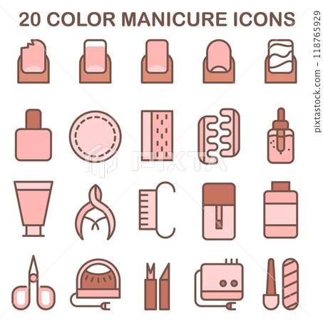 Various manicure and pedicure icons set. Professional equipment and tools for nail care and design. Scissors, file, tweezers, polish, hand cream, polish remover, brush etc. Flat vector illustration Various manicure and pedicure icons set. Professional equipment and tools for nail care and design. Scissors, file, tweezers, polish, hand cream, polish remover, brush etc. Flat vector illustration 118765929