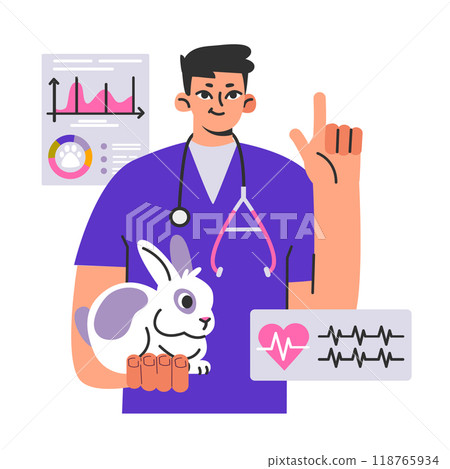 Veterinary appointment. Medical clinic for pets. Rabbit health check. Vet doctor examinating a bunny. Flat vector illustration Veterinary appointment. Medical clinic for pets. Rabbit health check. Vet doctor examinating a bunny. Flat vector illustration 118765934