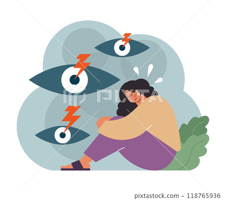 Condemnation. Public censure or judgement. Upset victim being bullyed and shamed by others. Flat vector illustration 118765936