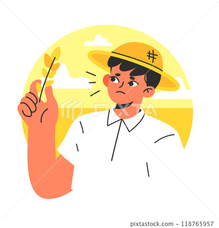 Global warming causing climate change and abnormal heat waves, desertification and drought. Farmer looks at the withered crops. Agricultural problem. Flat vector illustration 118765957