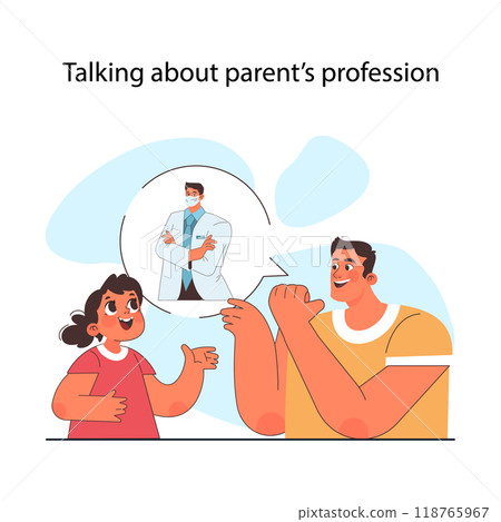 Career guidance for children. Dad helping his kid to define a future profession by talking about his career. Children education path for potential career. Flat vector illustration 118765967