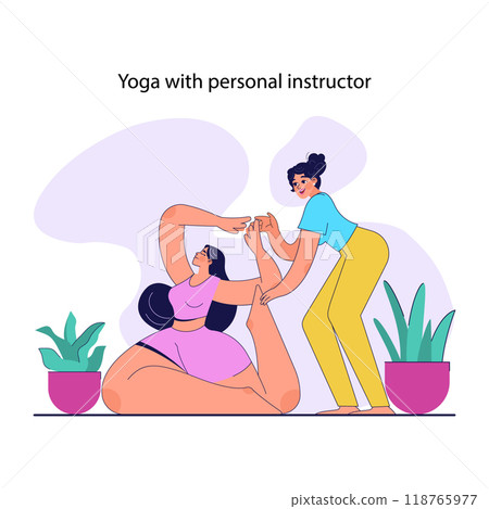 Female in a sportswear doing yoga with a personal instructor. Trainer help female client with yoga pose. Coach assist woman practice stretching. Flat vector illustration. 118765977