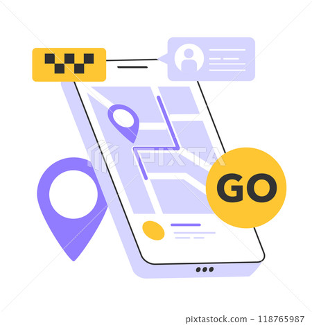 Taxi service. Online taxi order in mobile application. Yellow taxi car. Automobile cab mobile application Route and destination on a map. Idea of public city transportation. Flat vector illustration Taxi service. Online taxi order in mobile application. Yellow taxi car. Automobile cab mobile application Route and destination on a map. Idea of public city transportation. Flat vector illustration 118765987