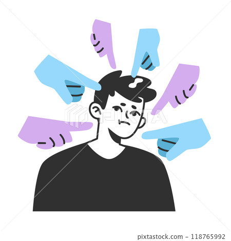 Bullying. Suppression and harassment, sad character being judged by others. Victim of violence surrounded by hands pointing with condemnation. Flat vector illustration Bullying. Suppression and harassment, sad character being judged by others. Victim of violence surrounded by hands pointing with condemnation. Flat vector illustration 118765992