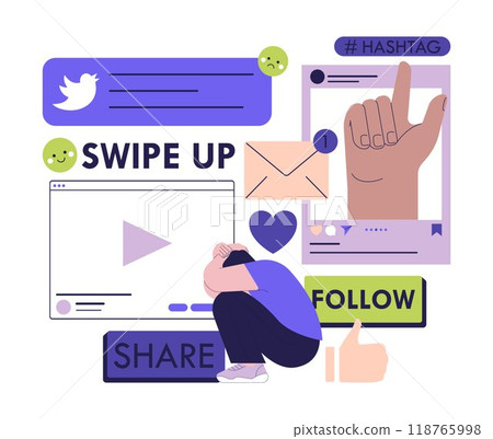 Negative aspect and bad impact of social media. Psychological effect of social networks on people. Stressed and overwhelmed character hiding from web banners and notifications. Flat vector Negative aspect and bad impact of social media. Psychological effect of social networks on people. Stressed and overwhelmed character hiding from web banners and notifications. Flat vector 118765998